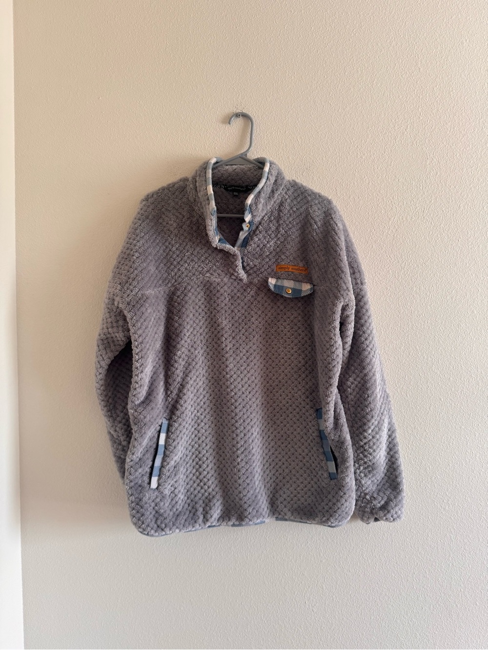 Simply Southern Gray Quilted Zip Pullover with Plaid Trim